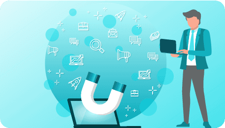 Lead generation strategies for business growth with marketing icons and a business professional