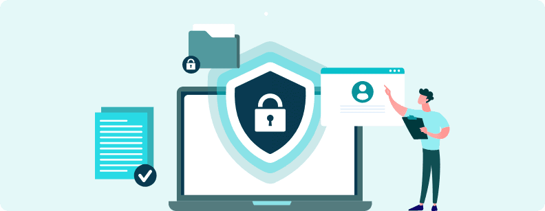 B2B Data Privacy concept with shield, lock, and digital security elements