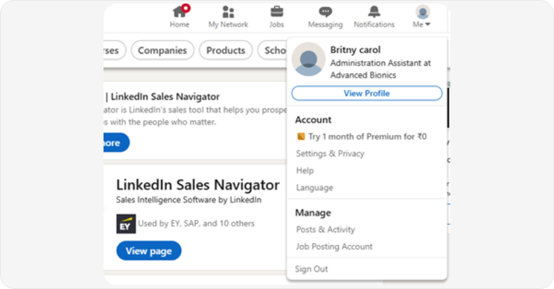 LinkedIn profile menu showing Settings & Privacy option