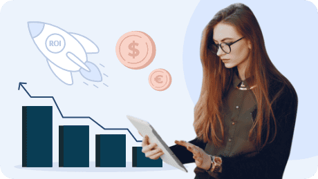 analyzing business performance with B2B data visuals like a growth chart, ROI rocket, and financial icons