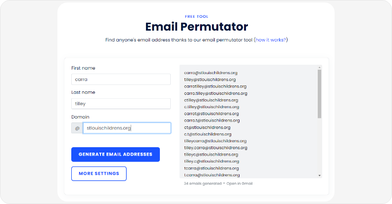 mail permutation tool showing name fields and generated email combinations