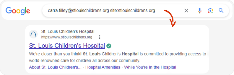 Google search results showing St. Louis Children's Hospital website with email address query and domain verification