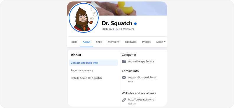 Facebook page showing email in the About section under contact info