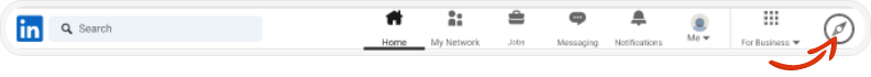 LinkedIn interface showing Sales Navigator menu location with red arrow pointing to access button