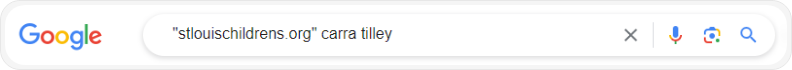Google search bar with specific domain query 'stlouischildrens.org' carra tilley for finding contact email