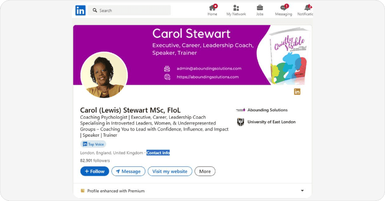 Viewing contact info on a LinkedIn profile to find email address connections