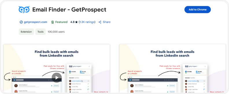 GetProspect Chrome Extension page for finding emails from LinkedIn search