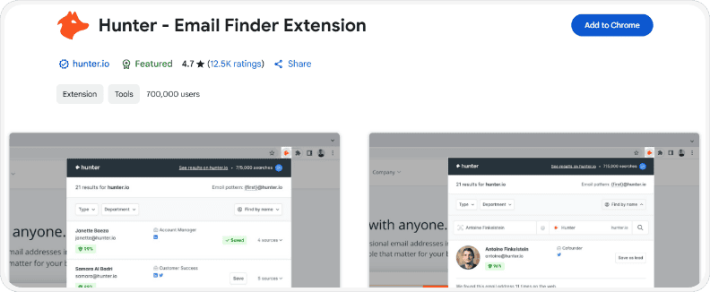 Hunter.io Chrome Extension for finding professional email addresses on websites