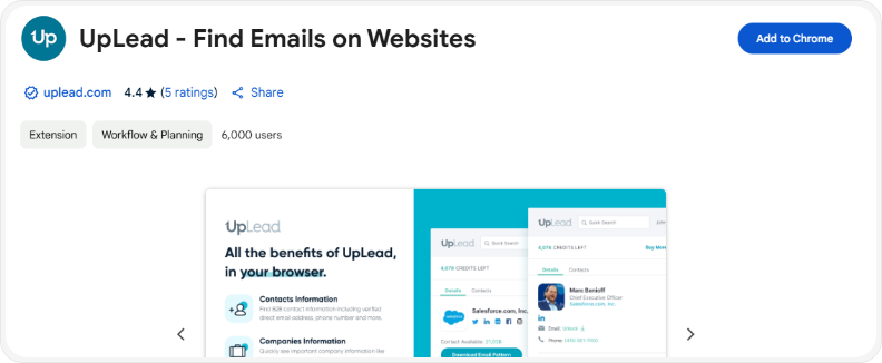 UpLead Chrome Extension installation page for finding emails on websites