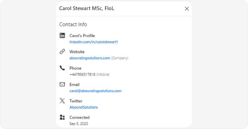 LinkedIn contact info panel displaying email, phone number, website, and social links