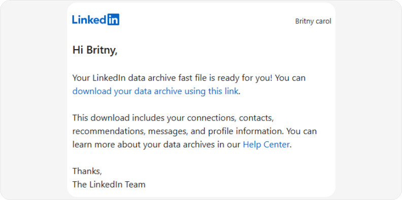 LinkedIn email notification showing data archive is ready with download link instructions