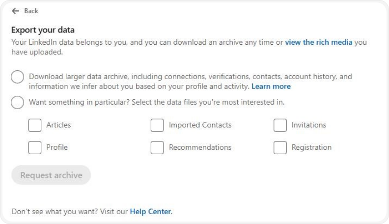 LinkedIn data export interface with options to download complete archive or select specific data files