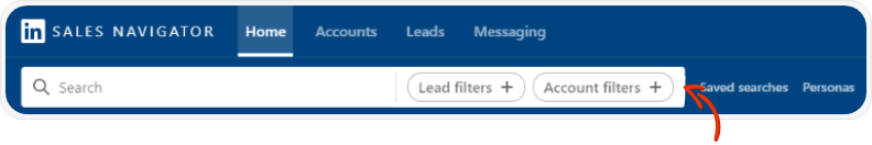 LinkedIn Sales Navigator interface showing Account filters button with red arrow pointer