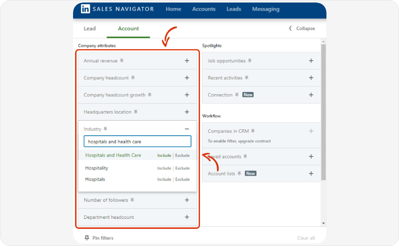 LinkedIn Sales Navigator showing Company attributes panel with industry filter options for healthcare sector