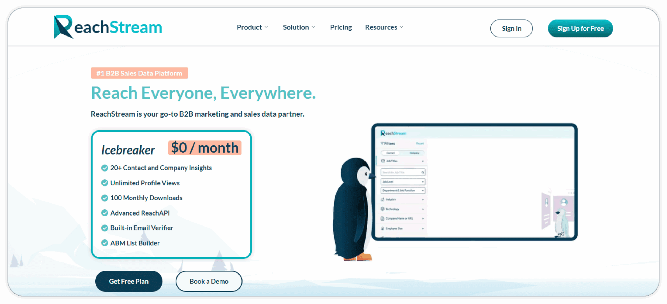 ReachStream highlighting free B2B data tools for lead generation and contact insights