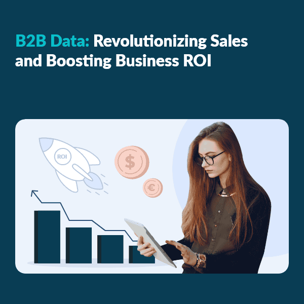Businesswoman analyzing sales growth with B2B data insights and ROI icons