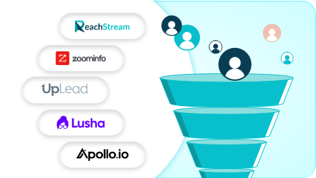Funnel illustration featuring top B2B database providers for boosting business leads
