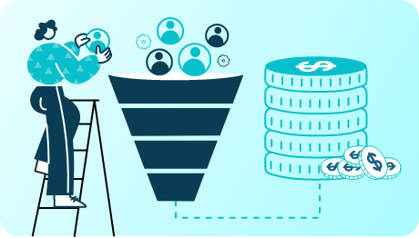 Illustration of B2B marketing funnel leading to revenue growth and higher conversions