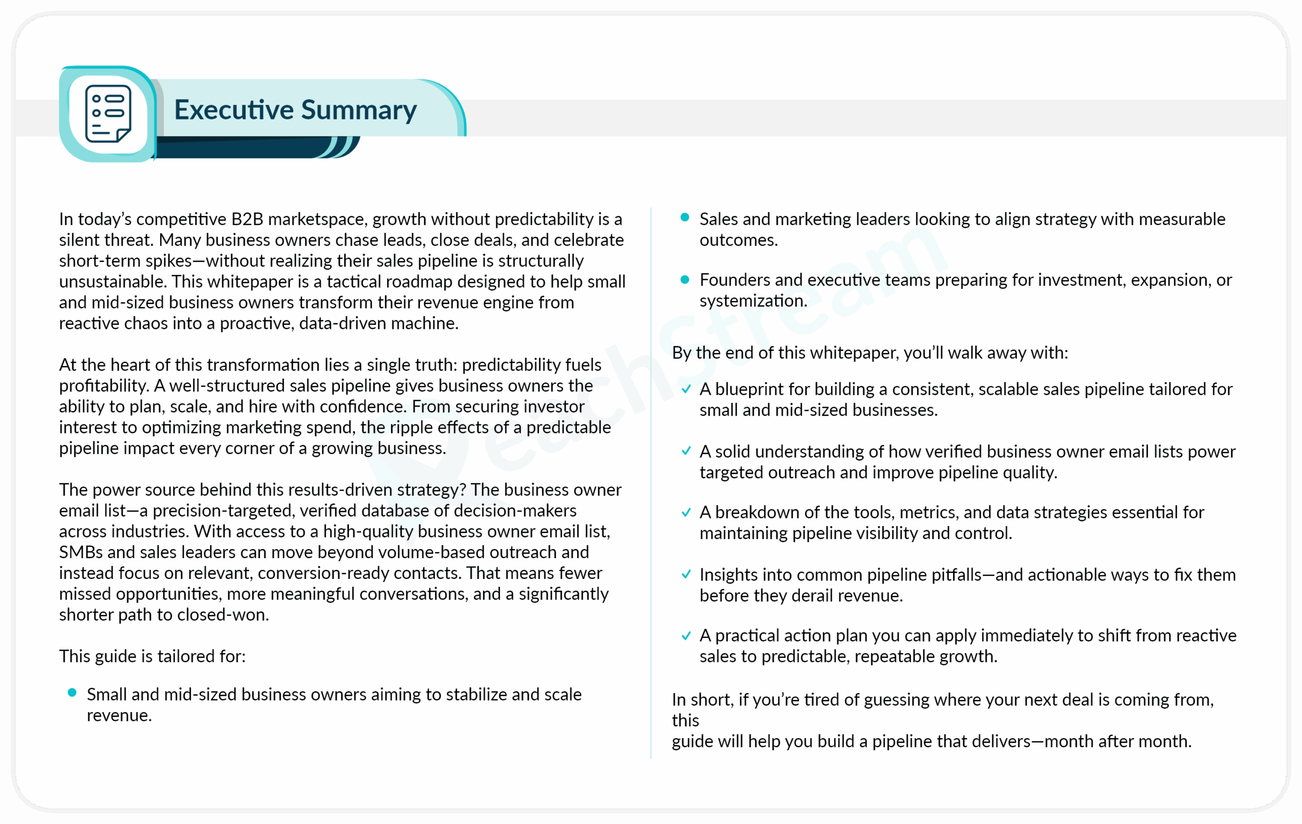 Executive summary explaining benefits of building a predictable sales pipeline with verified B2B data