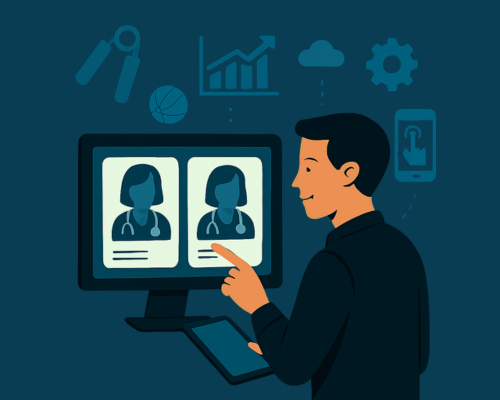 Occupational therapist reading email about new therapy software