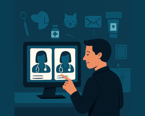 Veterinarian checking email about new pet health produc