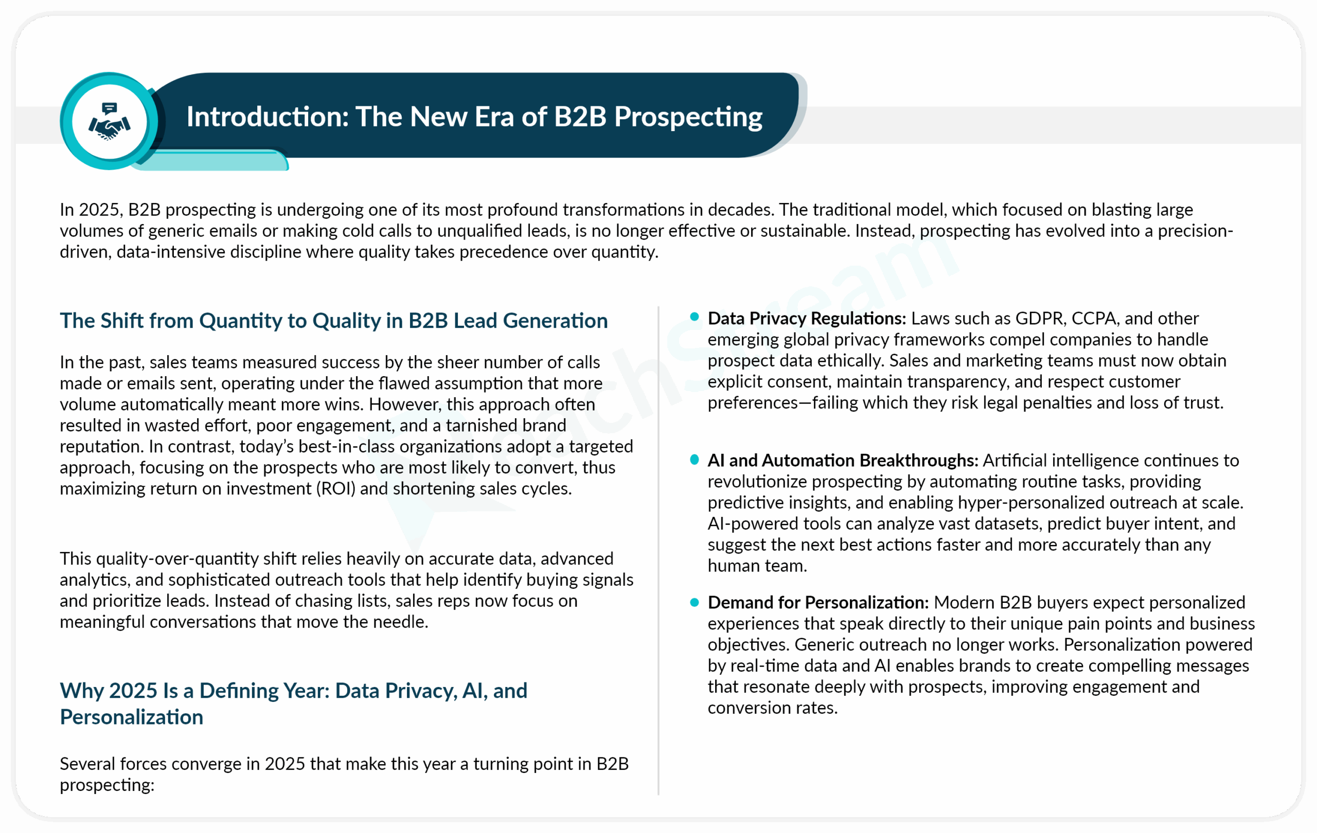Overview of modern B2B prospecting trends including data privacy, AI, and personalized outreach