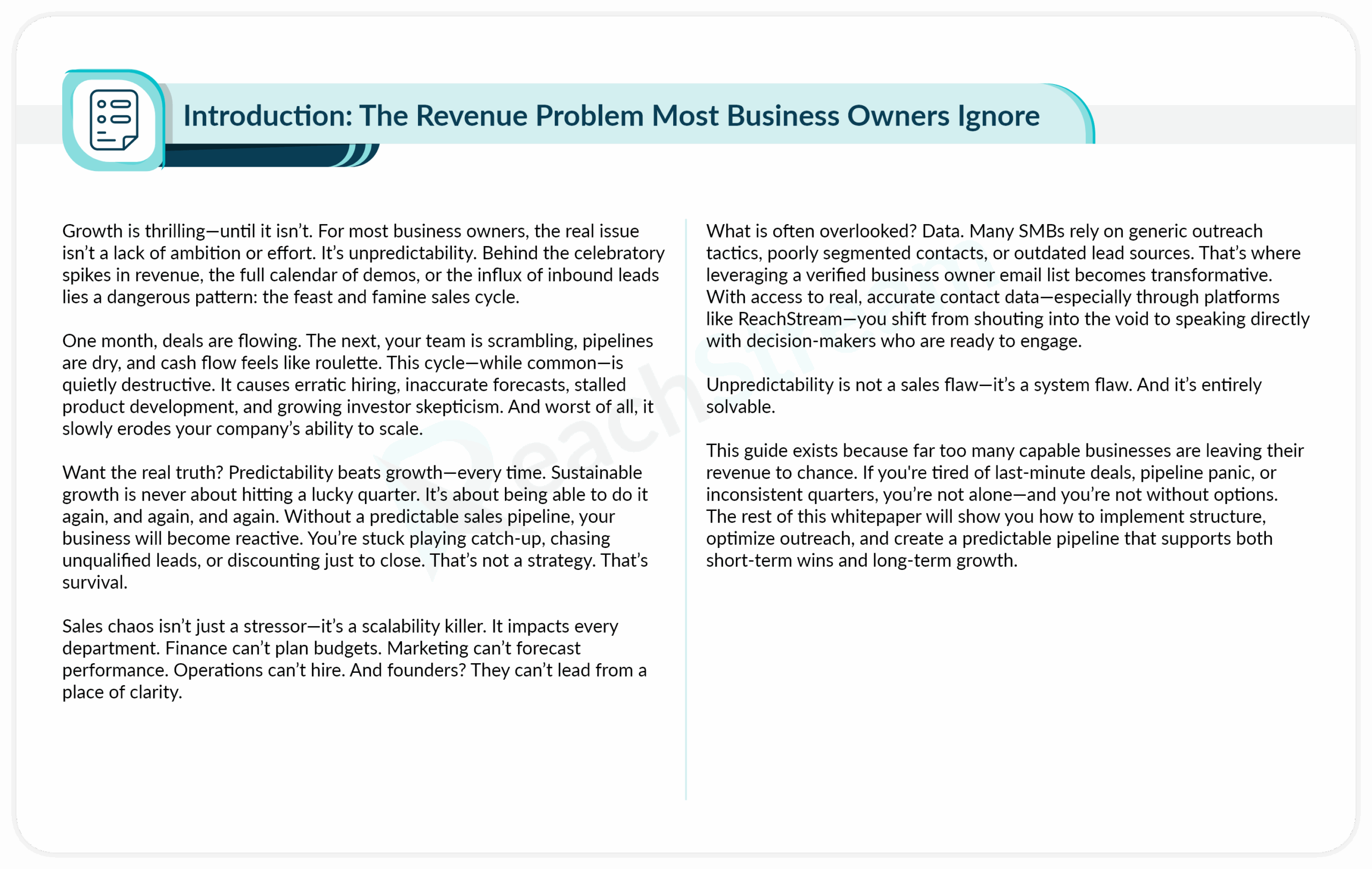 Introduction section discussing unpredictability in revenue and the need for a consistent sales pipeline