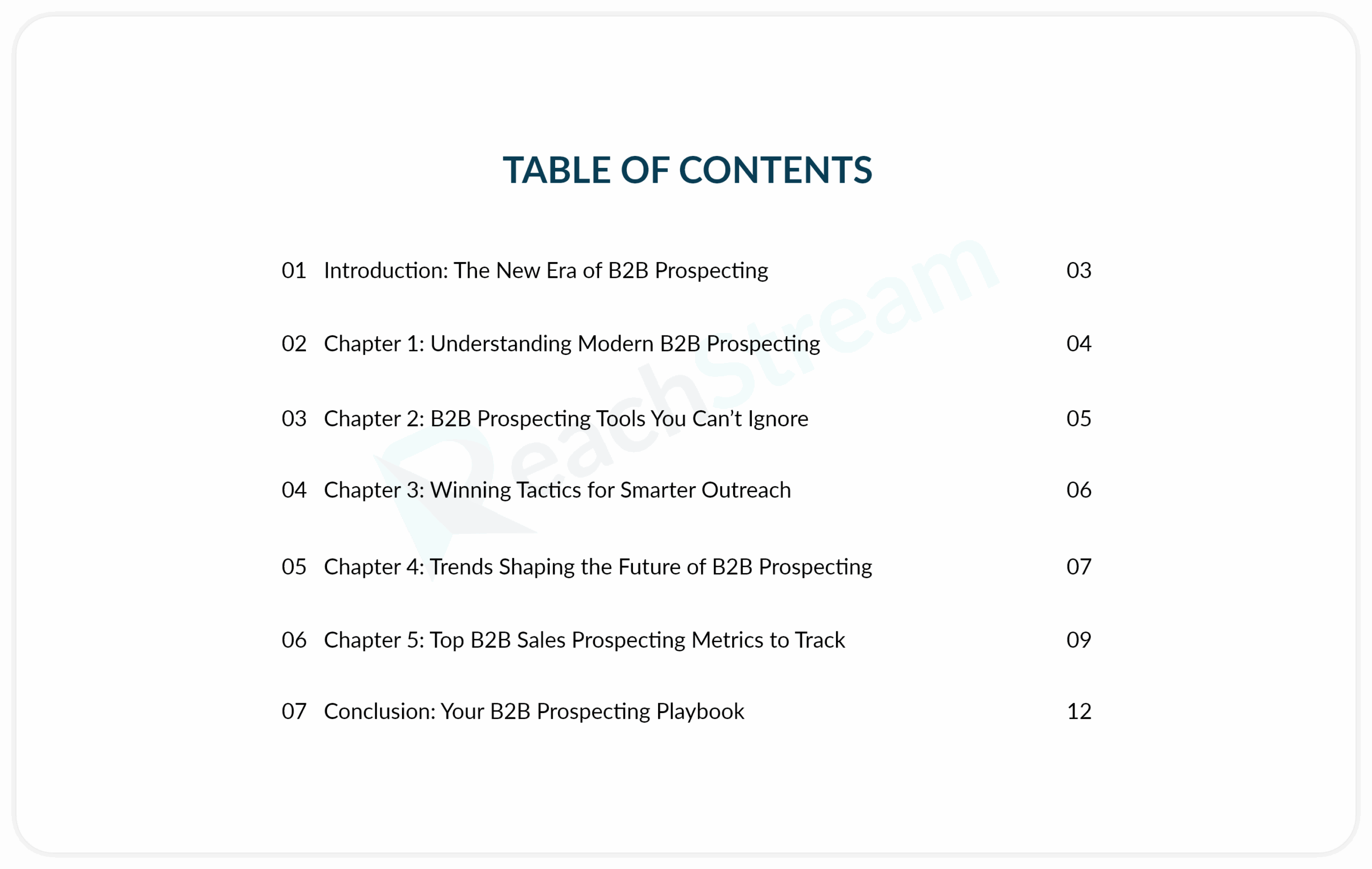 Chapters list covering B2B prospecting strategies, tools, trends, and sales metrics