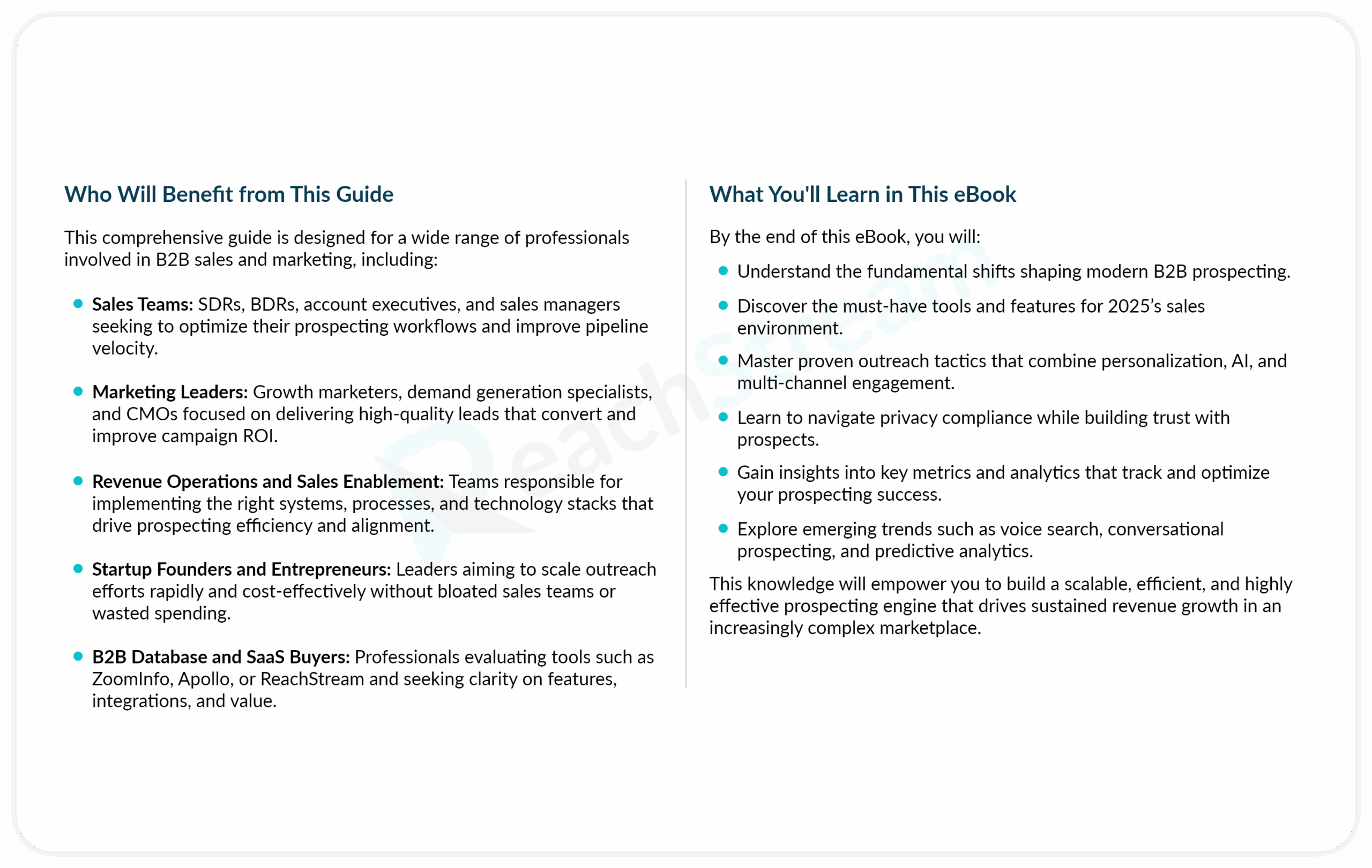 Guide highlights B2B sales roles who benefit and key learnings like privacy, outreach tactics, and analytics