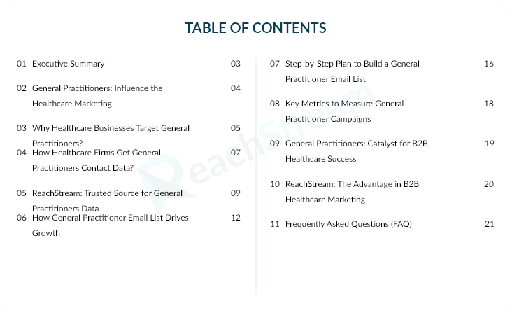 Sneak peek of table of contents from a guide on general practitioner email list for healthcare marketing