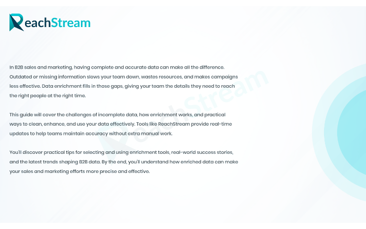 ReachStream eBook intro page explaining B2B data enrichment benefits and overview