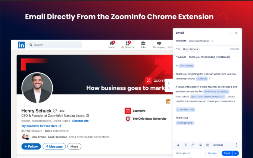 ZoomInfo Chrome extension sending email from LinkedIn profile interface